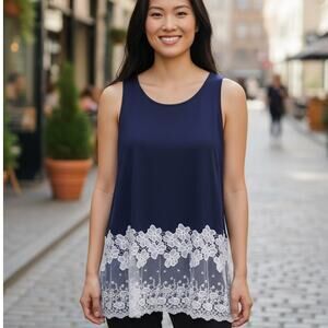 NWOT ~ Long Blue Sleeveless Tank Top with Wide White Lace Bottom ~Plus Size 2XL